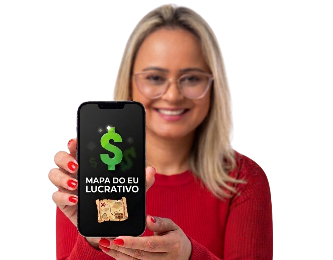 Aline Tuler segurando o celular com o Mapa do Eu Lucrativo