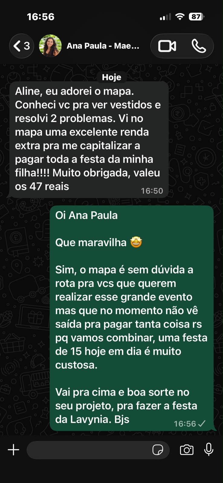 Relato de Ana Paula sobre a renda para a festa da filha